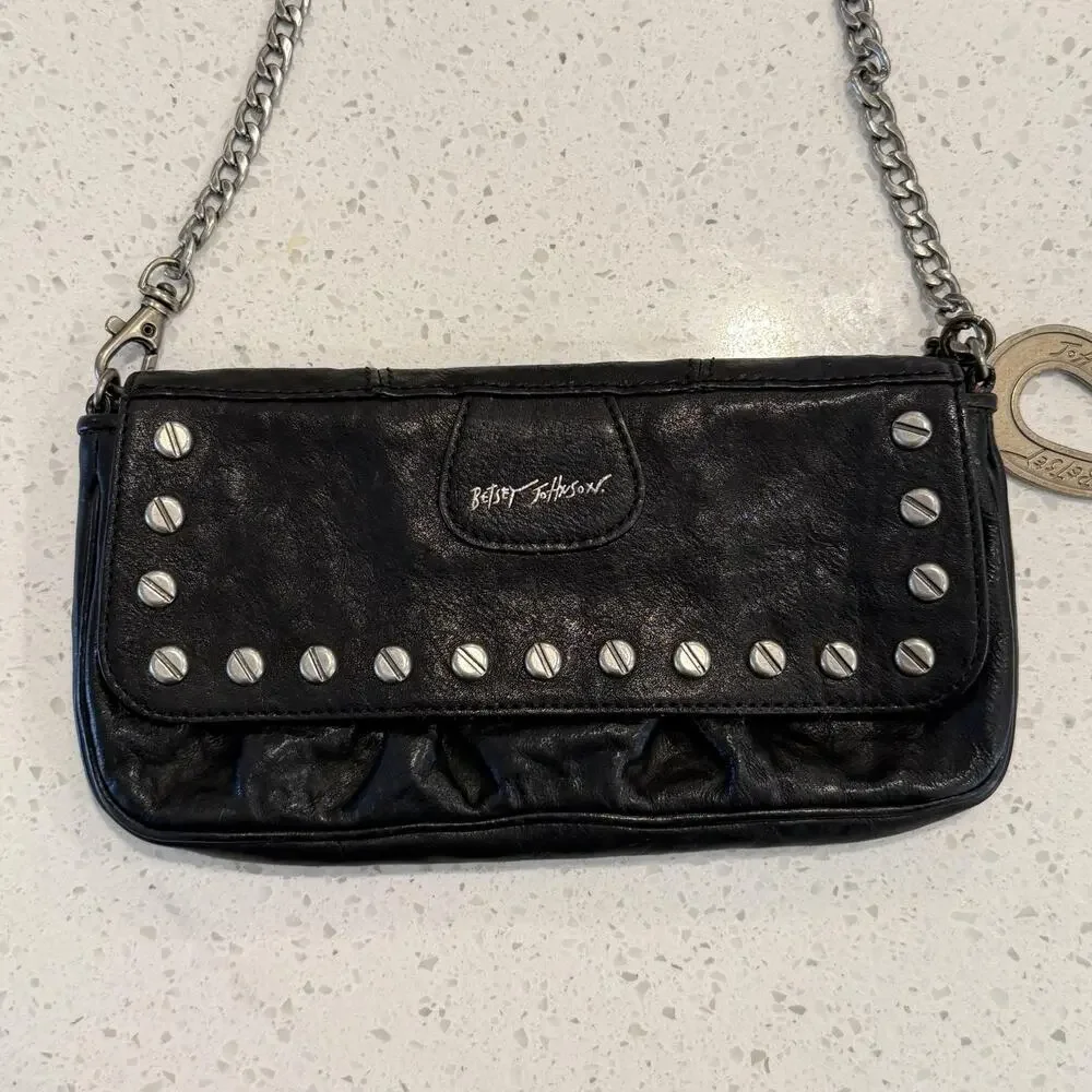Vtg Betsey Johnson Shoulder Bag Small Black Studded Leather Chain Punk Rock Y2K